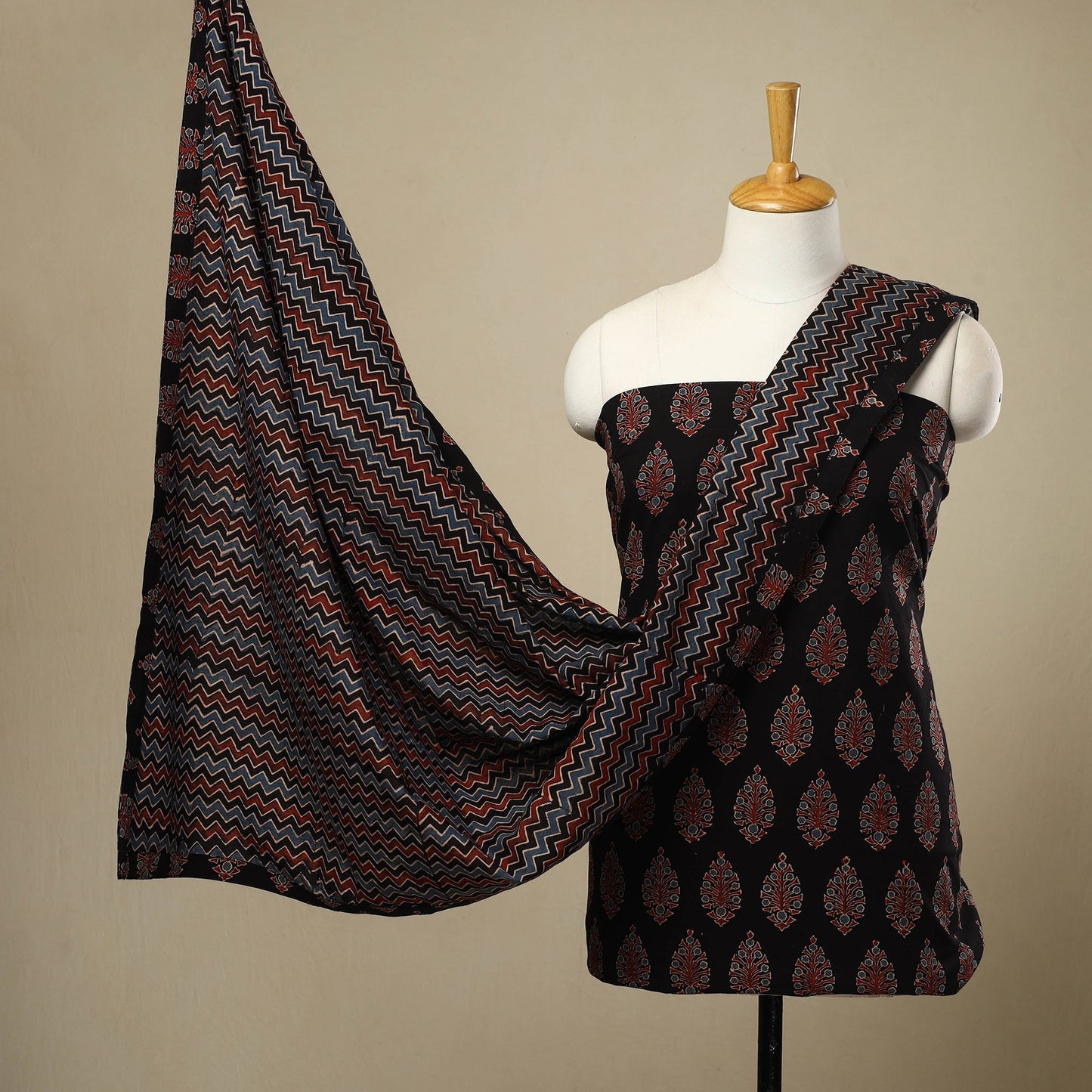 3pc Cotton Black Ajrakh Print Dress Material