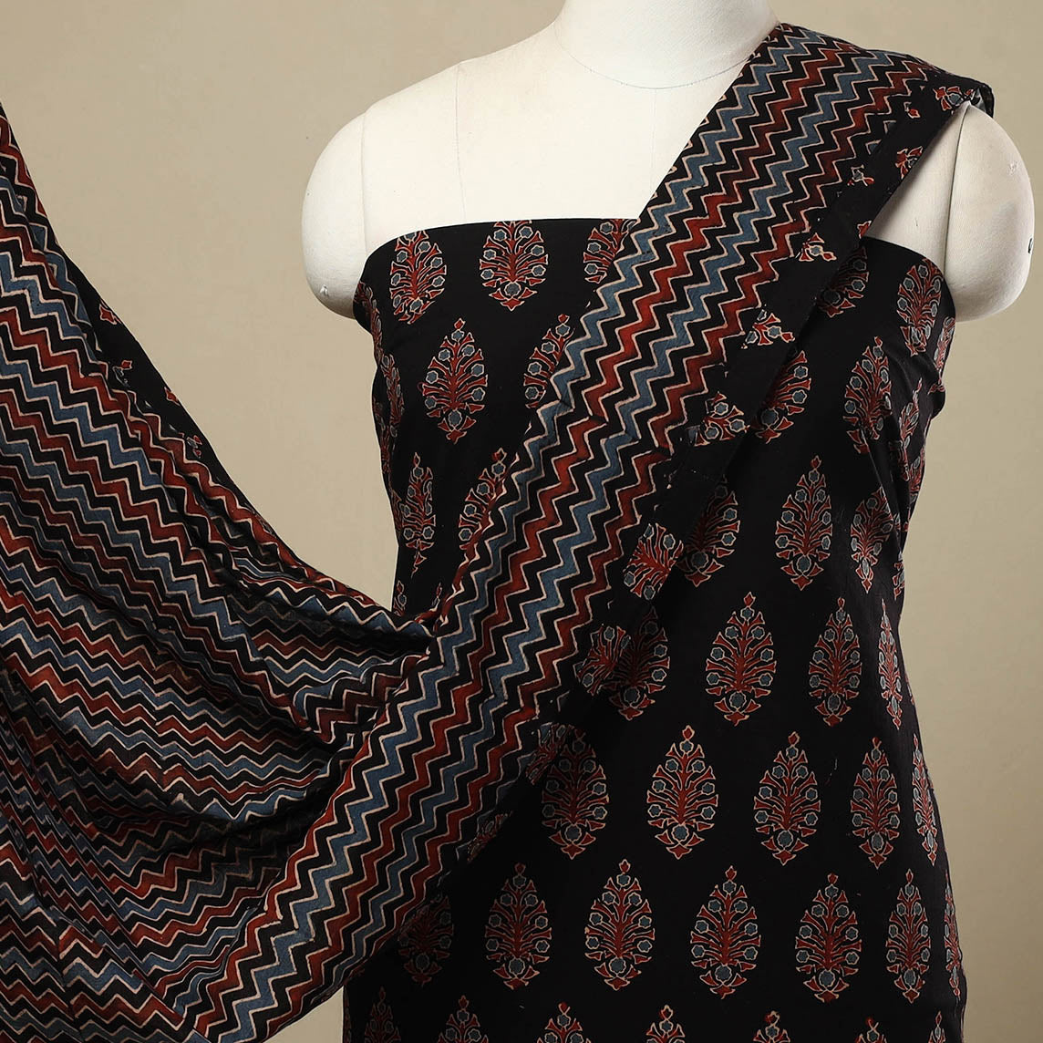 3pc Cotton Black Ajrakh Print Dress Material