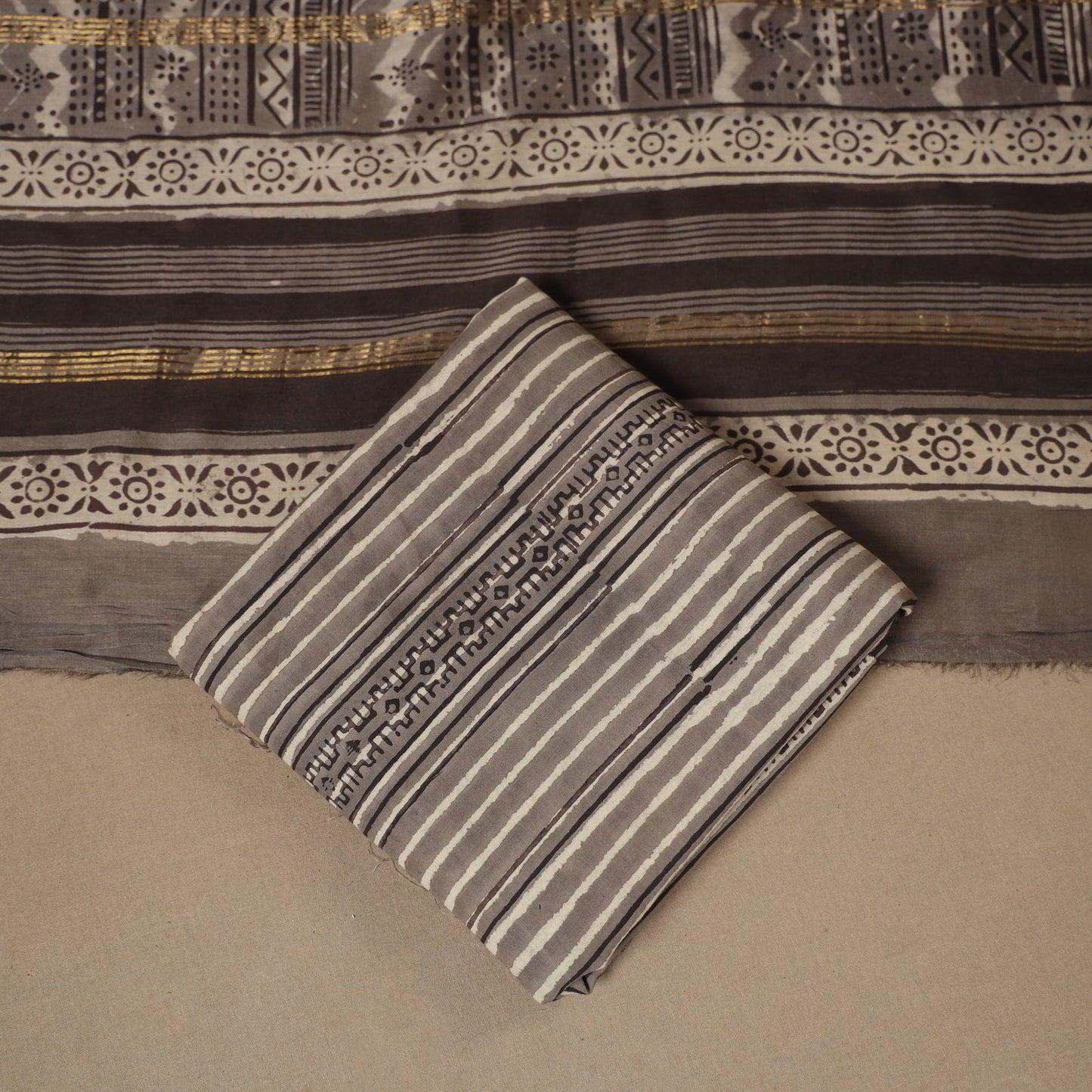 Black 3pc Natural Dyed Maheshwari Silk Unstitched Vanaspati Jahota Dress Material