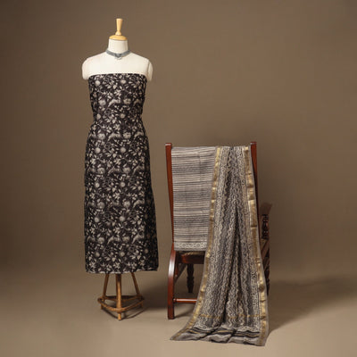 Black 3pc Natural Dyed Maheshwari Silk Unstitched Vanaspati Jahota Dress Material