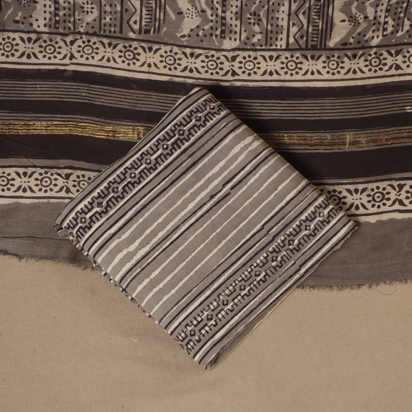 Black 3pc Natural Dyed Maheshwari Silk Unstitched Vanaspati Jahota Dress Material