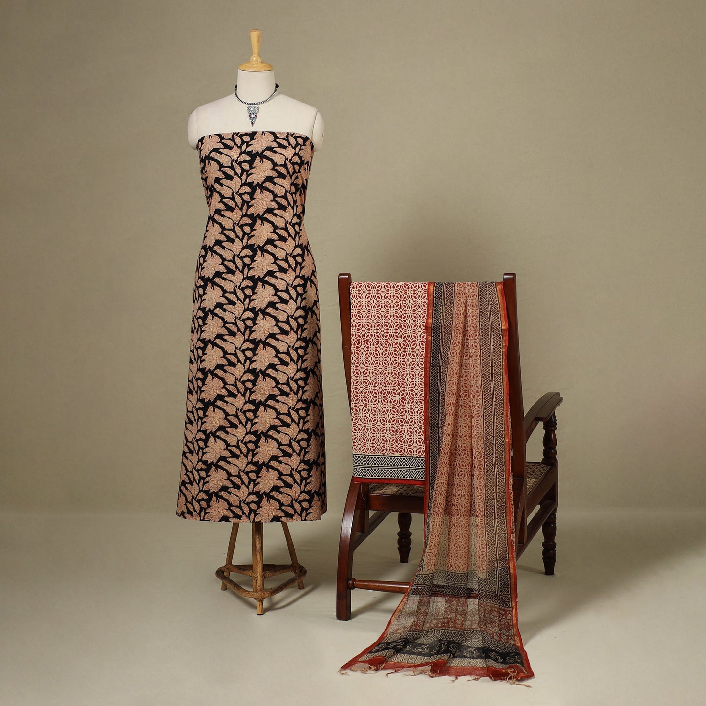 Black 3pc Natural Dyed Block Print Unstitched Bagru Dress Material