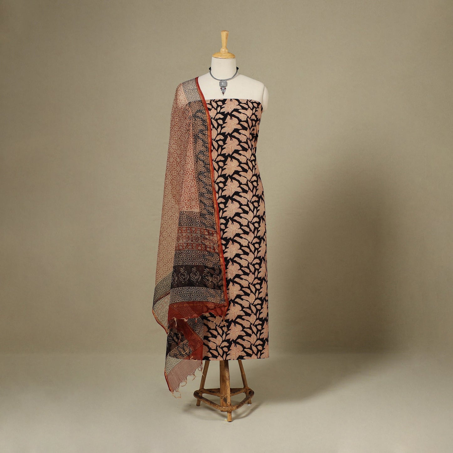 Black 3pc Natural Dyed Block Print Unstitched Bagru Dress Material