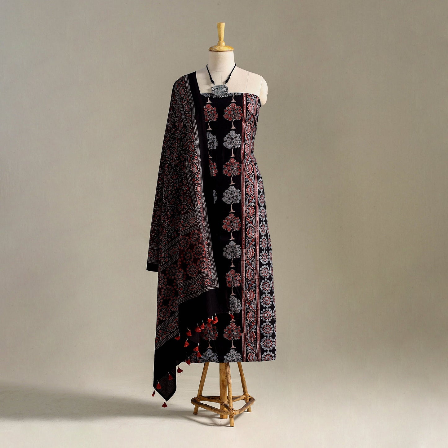 Black 3pc Block Print Natural Dyed Ajrakh Dress Material