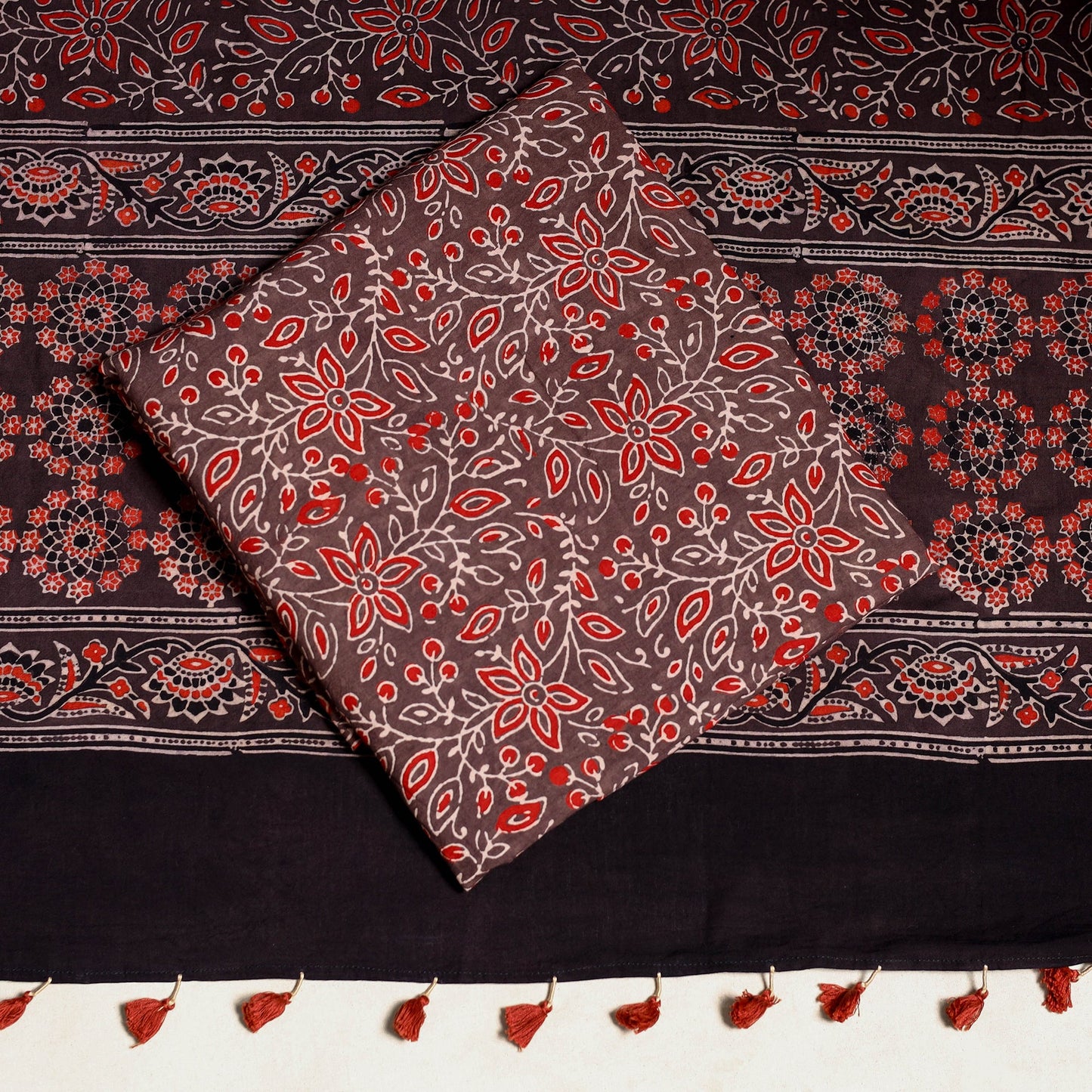 Black 3pc Block Print Natural Dyed Ajrakh Dress Material