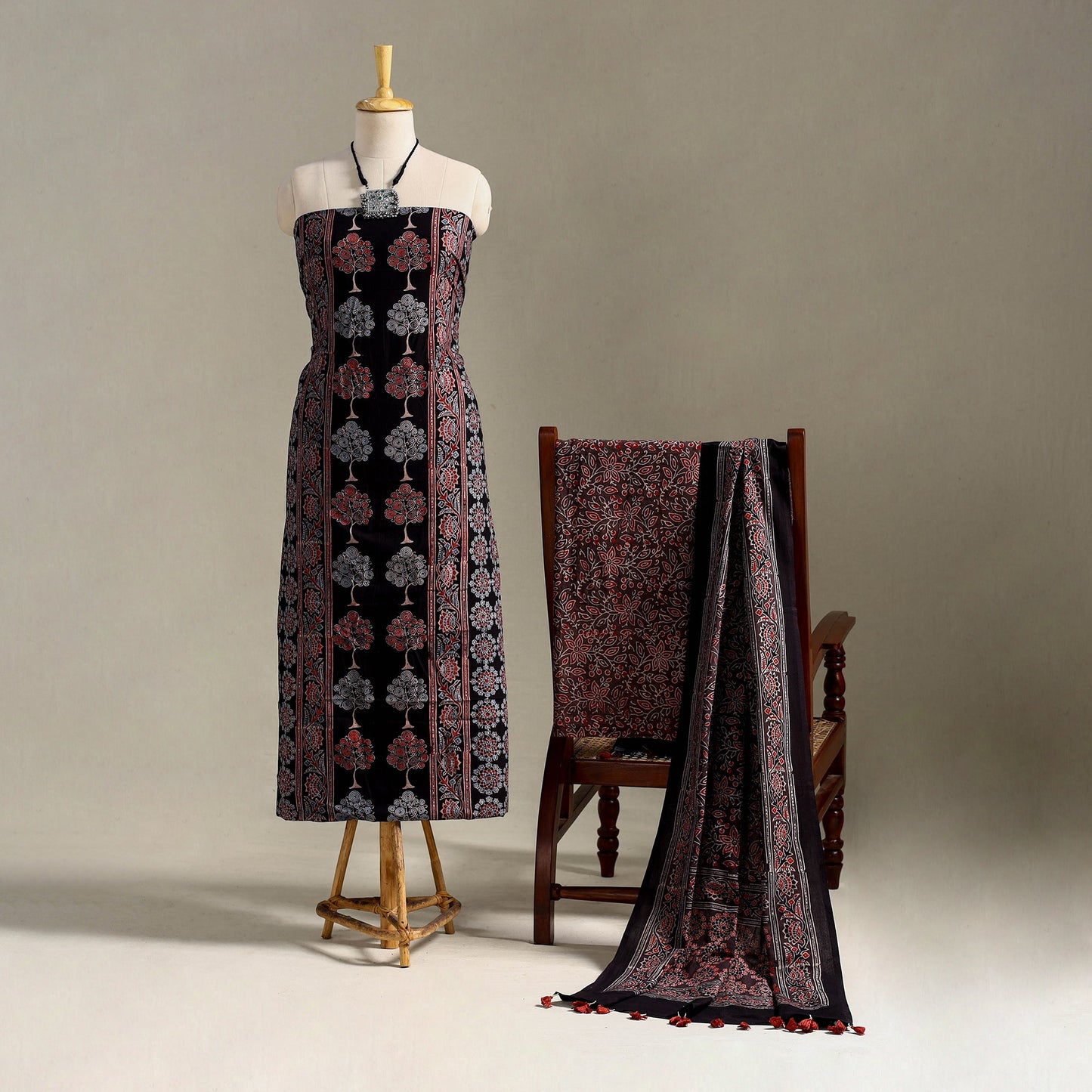 Black 3pc Block Print Natural Dyed Ajrakh Dress Material