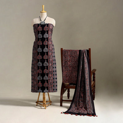 Black 3pc Block Print Natural Dyed Ajrakh Dress Material