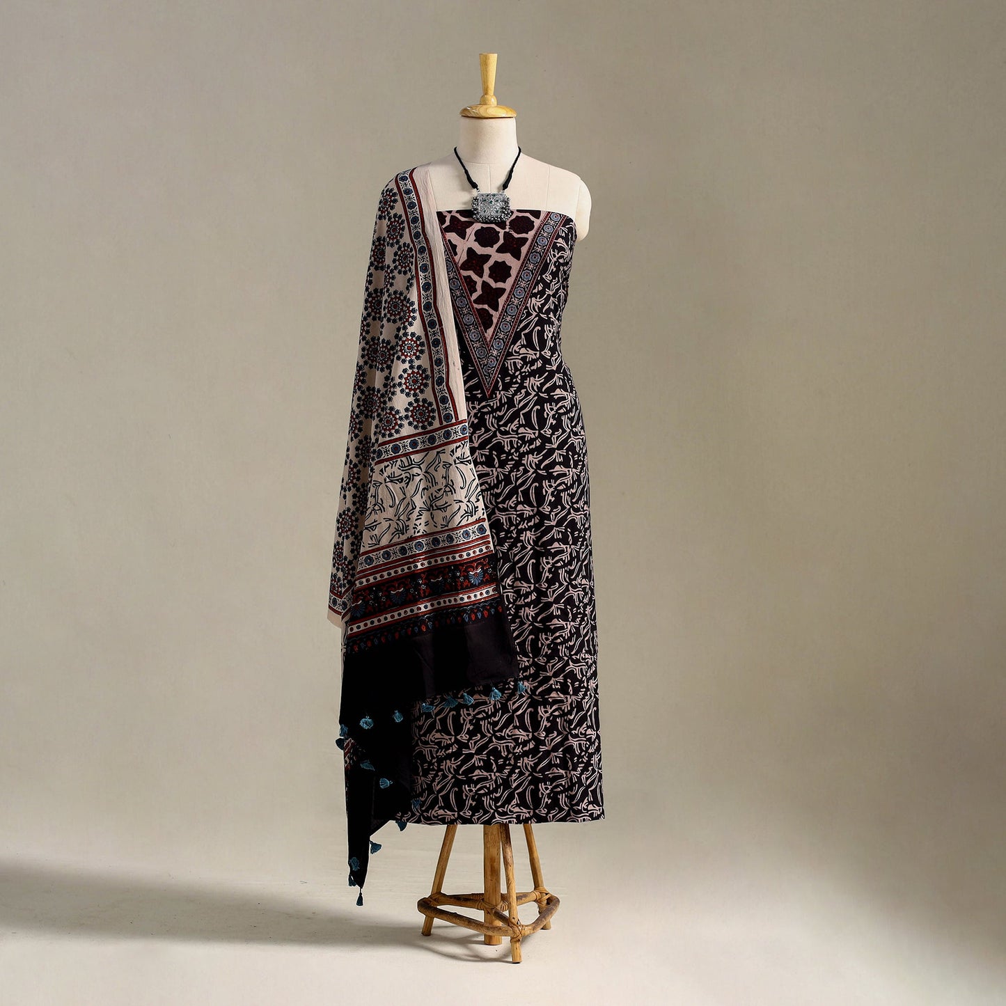  Black 3pc Block Print Natural Dyed Ajrakh Dress Material