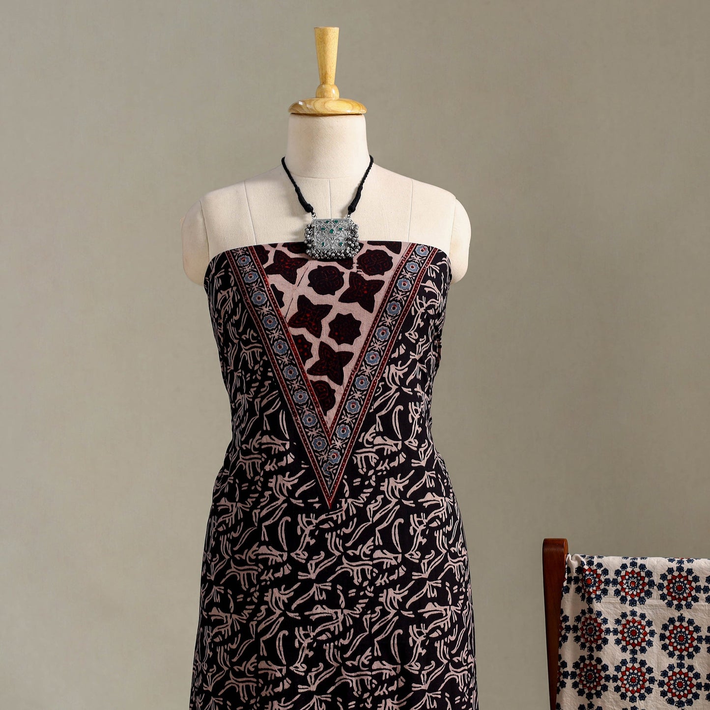  Black 3pc Block Print Natural Dyed Ajrakh Dress Material