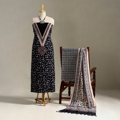 Black 3pc Block Print Natural Dyed Ajrakh Dress Material