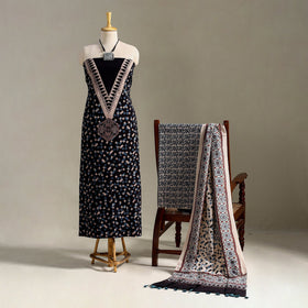 Black 3pc Block Print Natural Dyed Ajrakh Dress Material