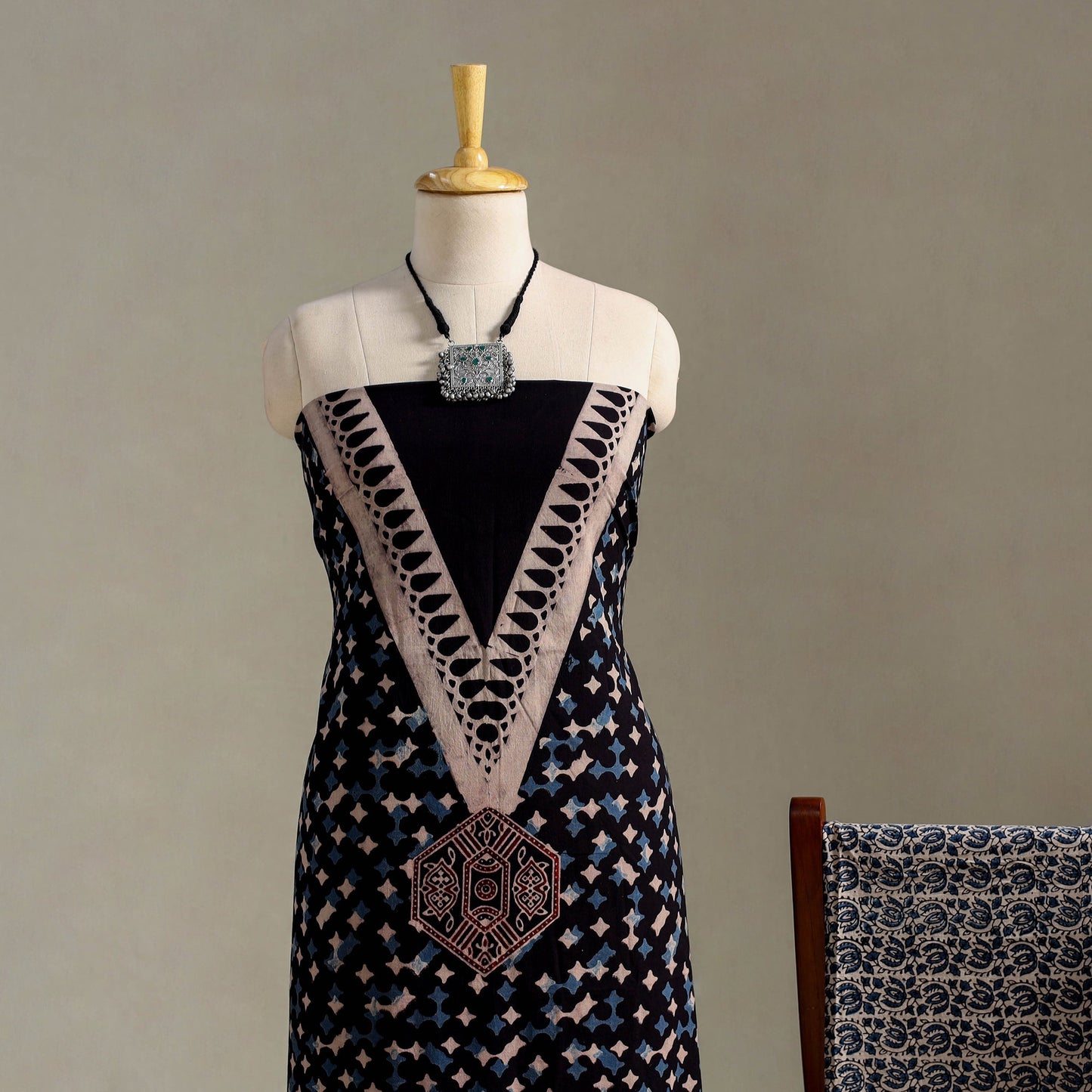 Black 3pc Block Print Natural Dyed Ajrakh Dress Material