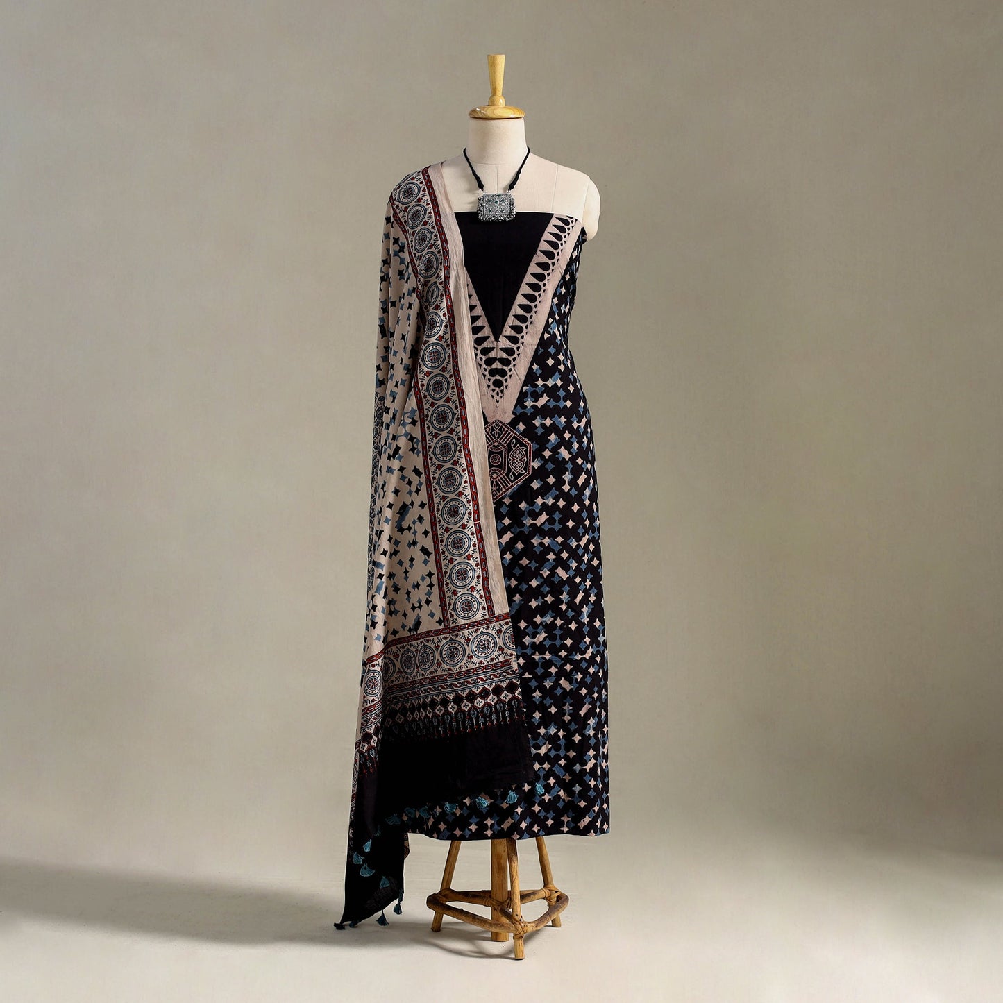 Black 3pc Block Print Natural Dyed Ajrakh Dress Material