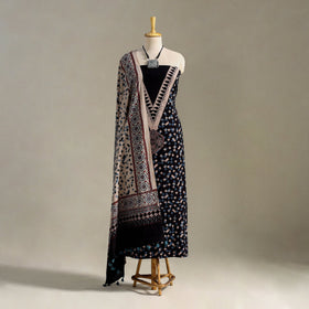 Black 3pc Block Print Natural Dyed Ajrakh Dress Material