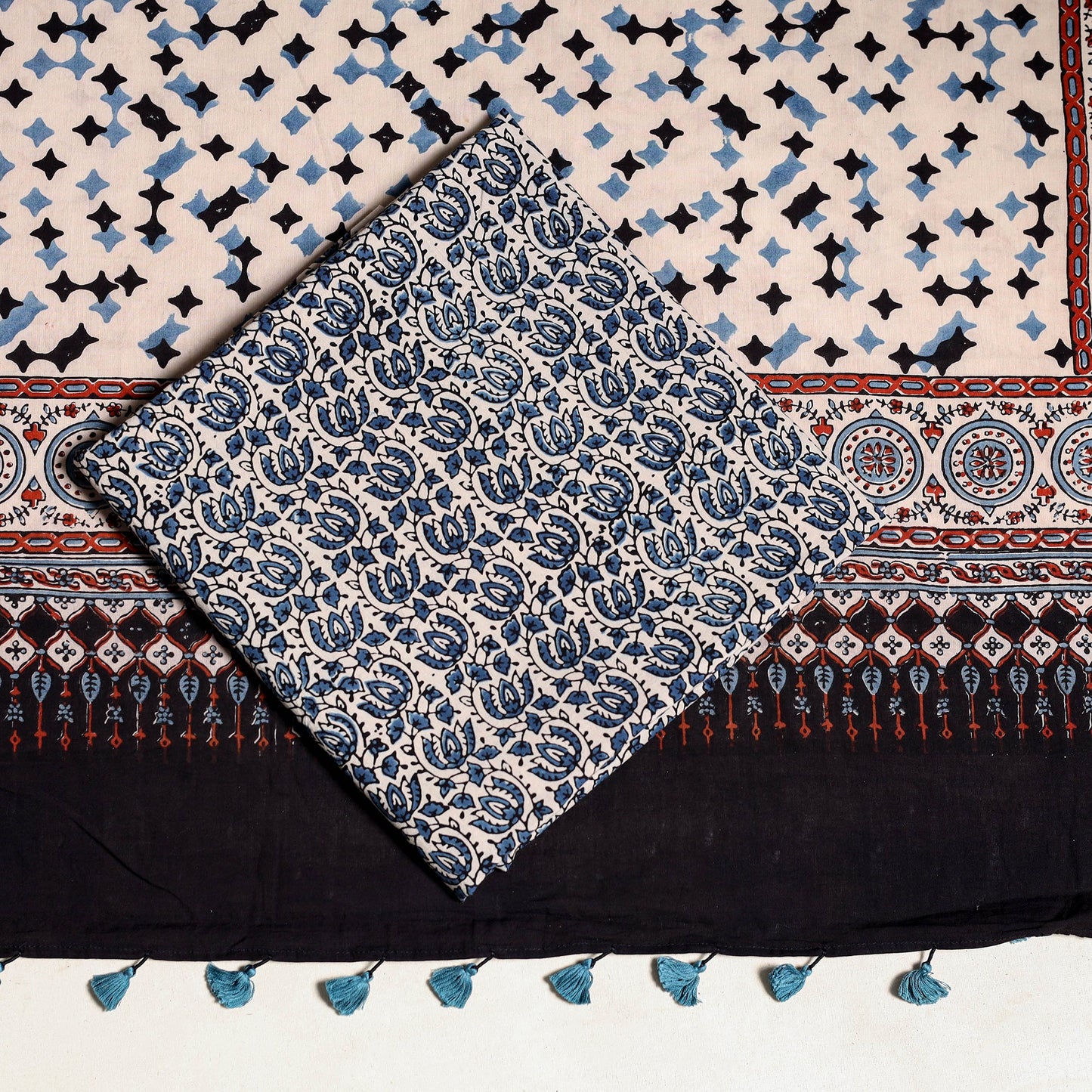 Black 3pc Block Print Natural Dyed Ajrakh Dress Material