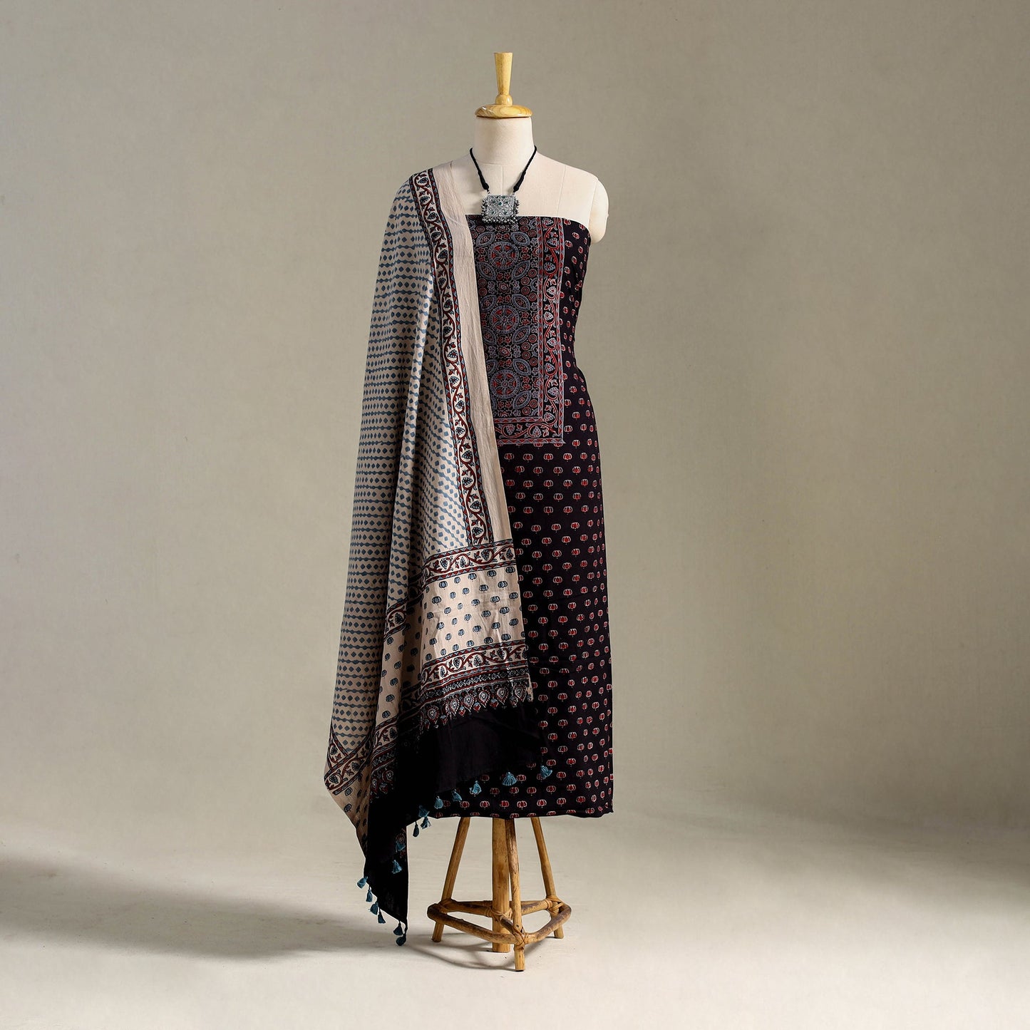 Black 3pc Block Print Natural Dyed Ajrakh Dress Material