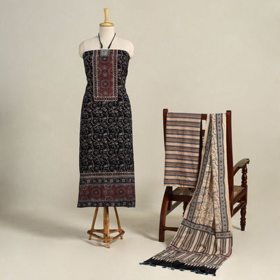 Black 3pc Block Print Natural Dyed Ajrakh Dress Material