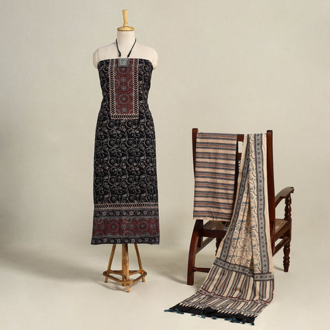 Black 3pc Block Print Natural Dyed Ajrakh Dress Material