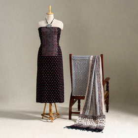 Black 3pc Block Print Natural Dyed Ajrakh Dress Material