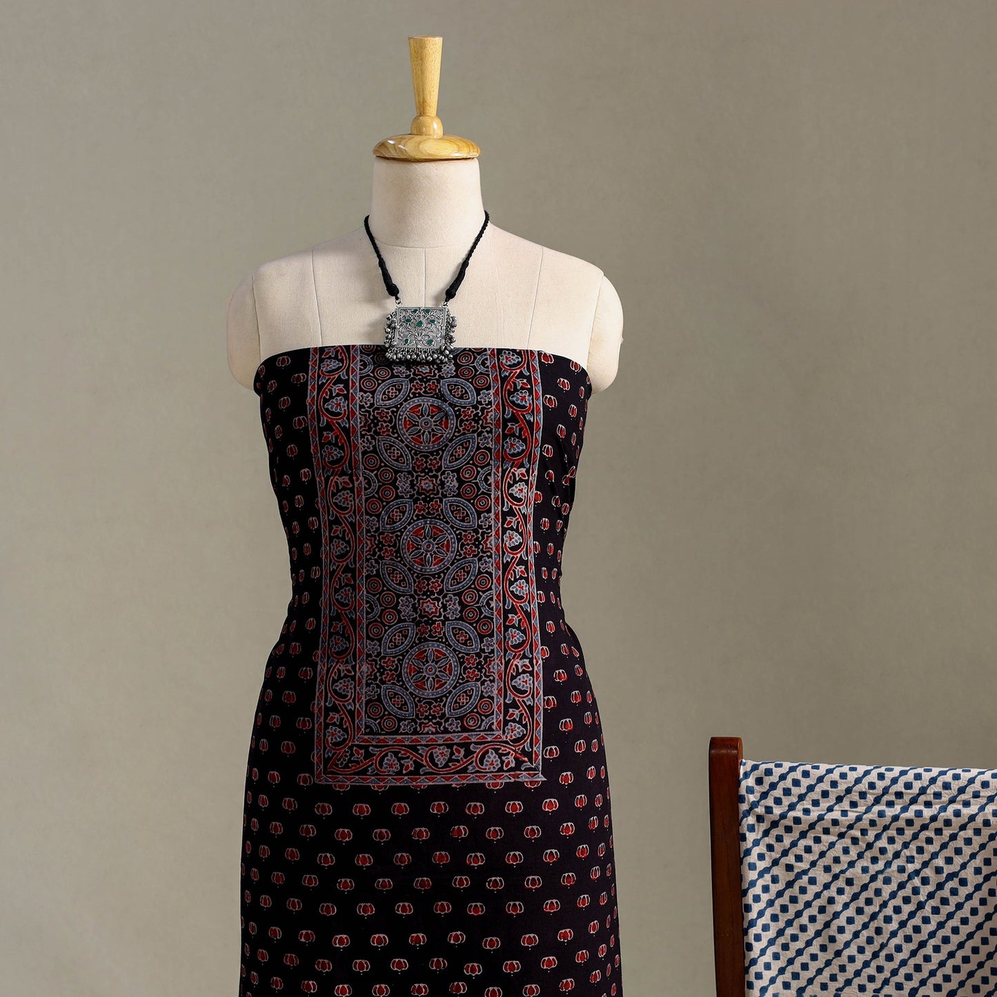 Black 3pc Block Print Natural Dyed Ajrakh Dress Material