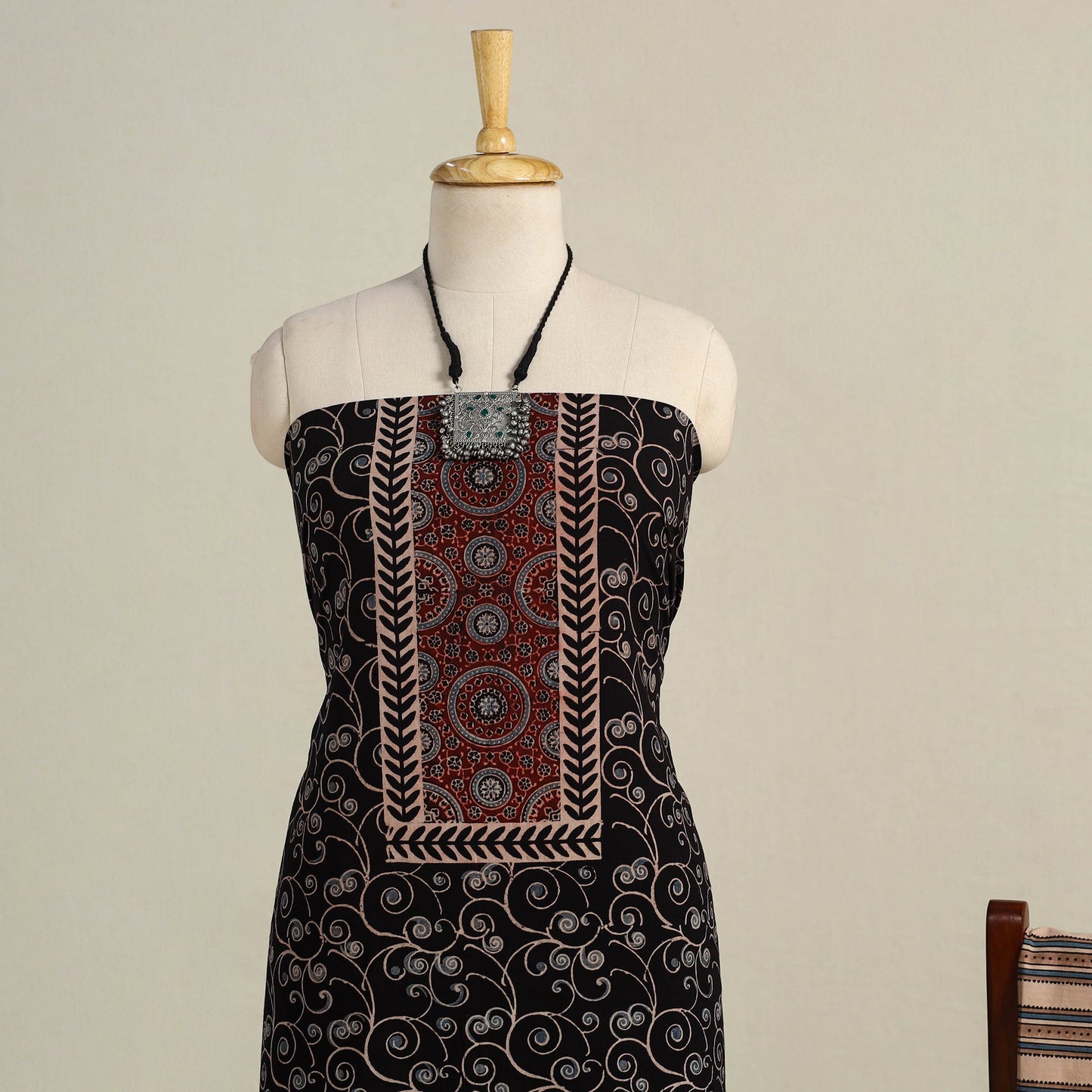 Black 3pc Block Print Natural Dyed Ajrakh Dress Material