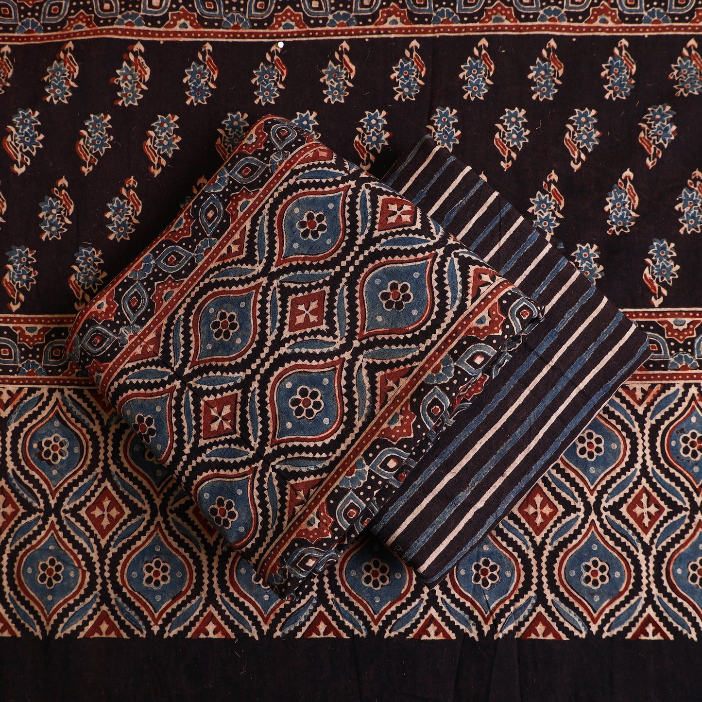 Buy 3pc Black Natural Dyed Block Print Ajrakh Dress Material