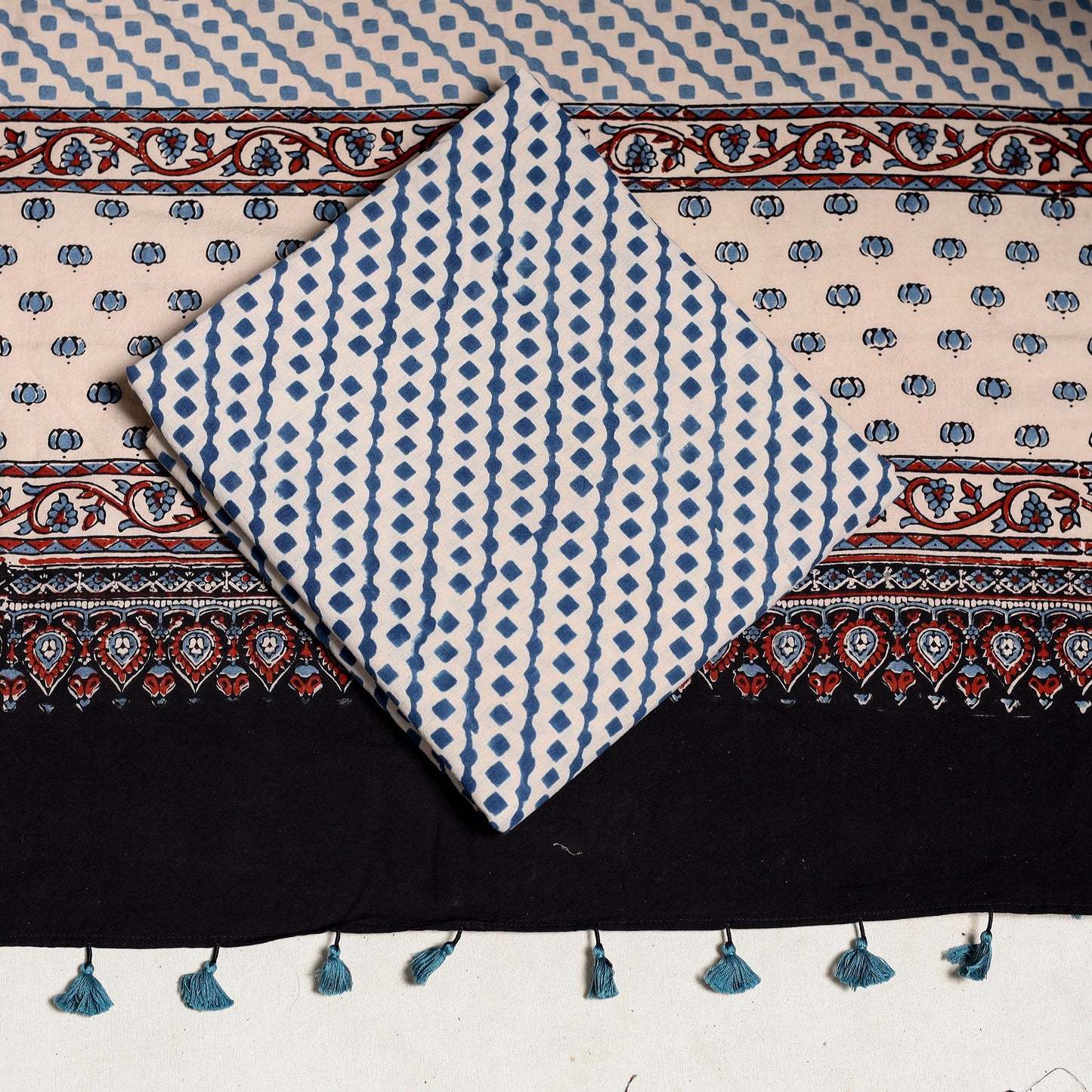 Black 3pc Block Print Natural Dyed Ajrakh Dress Material