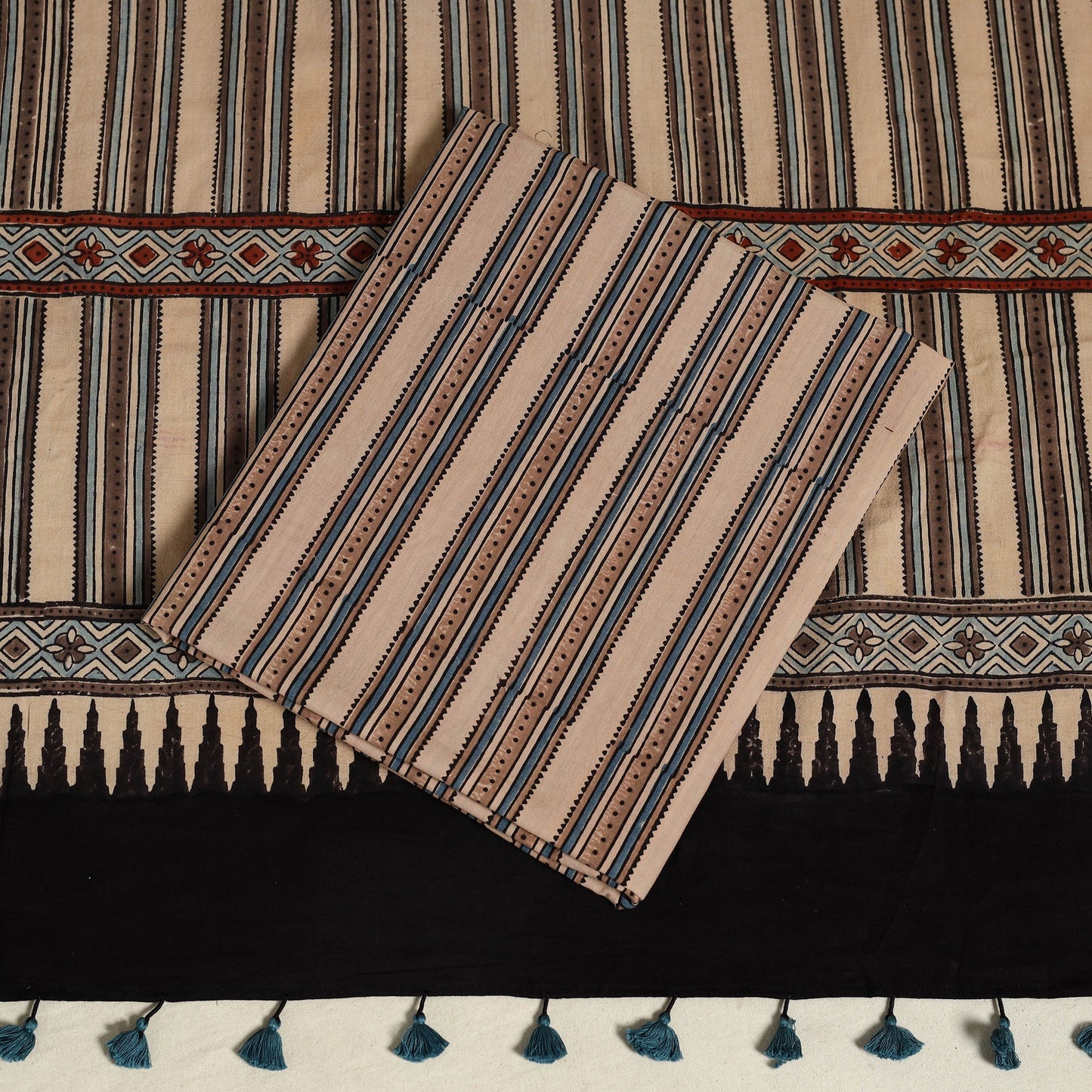 Black 3pc Block Print Natural Dyed Ajrakh Dress Material