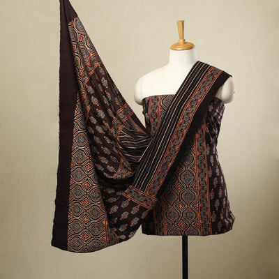 Buy 3pc Black Natural Dyed Block Print Ajrakh Dress Material