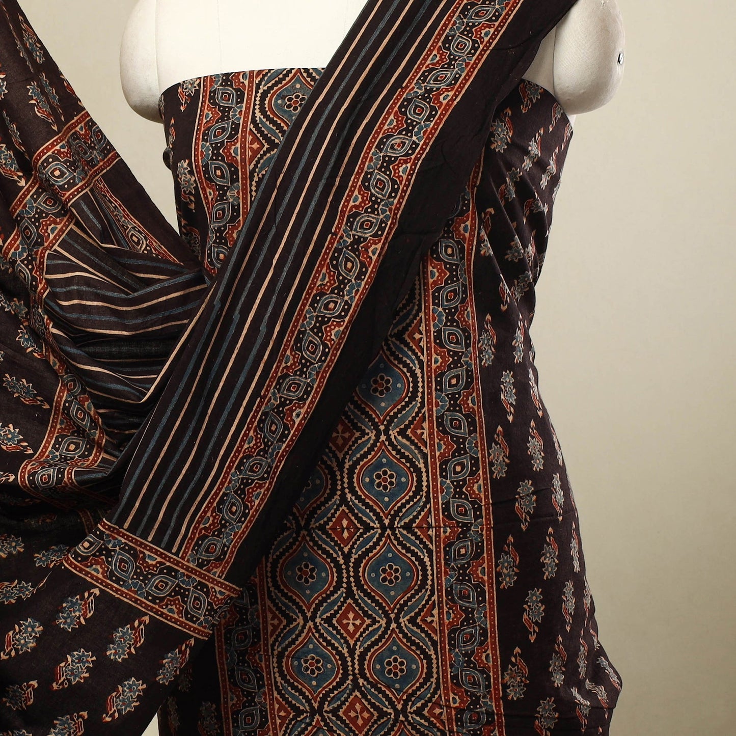 Buy 3pc Black Natural Dyed Block Print Ajrakh Dress Material