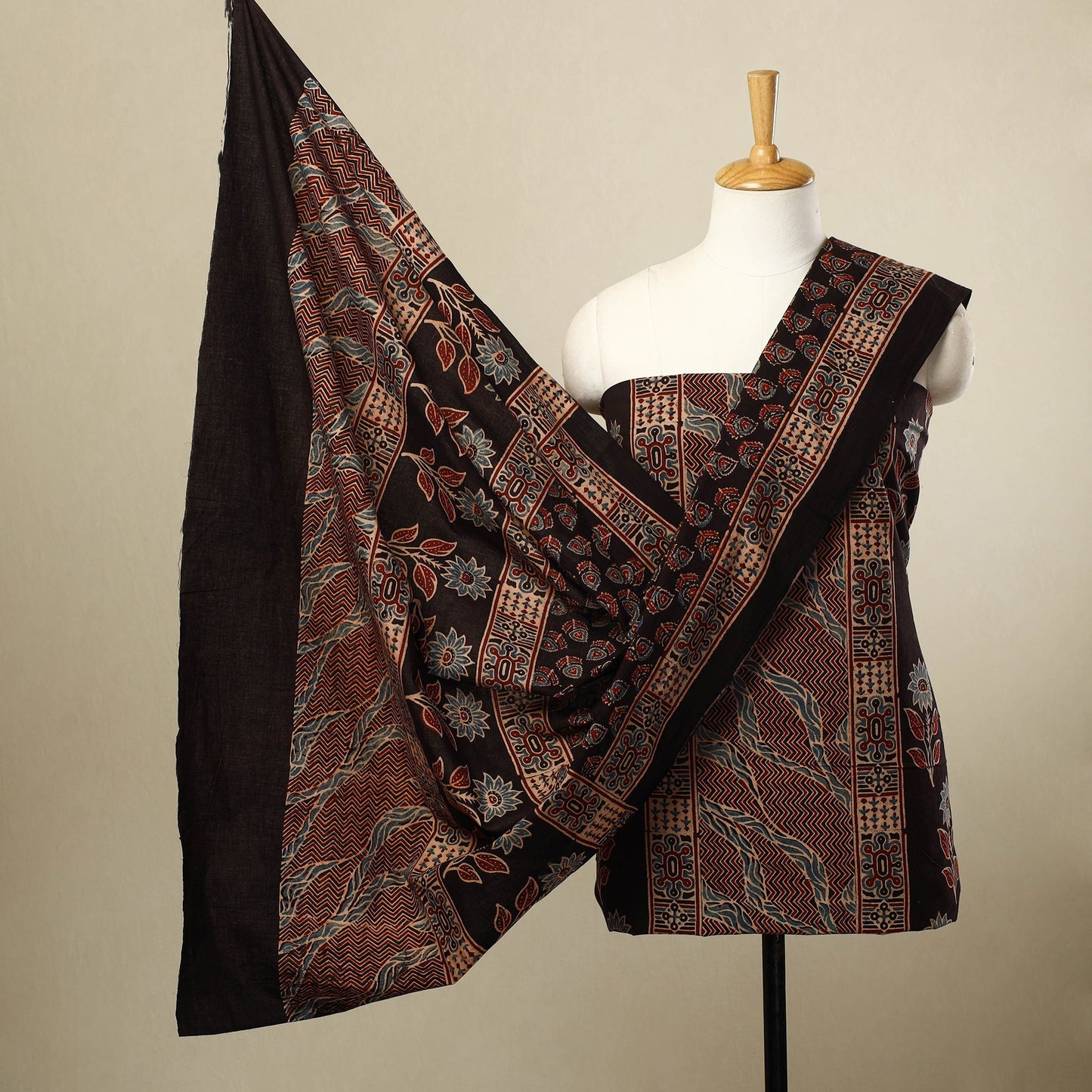 Buy 3pc Black Block Print Cotton Ajrakh Dress Material