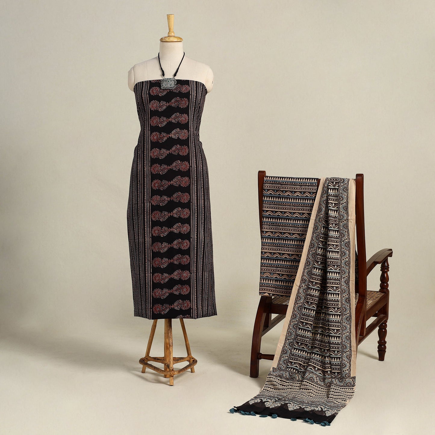 Black 3pc Block Print Natural Dyed Ajrakh Dress Material
