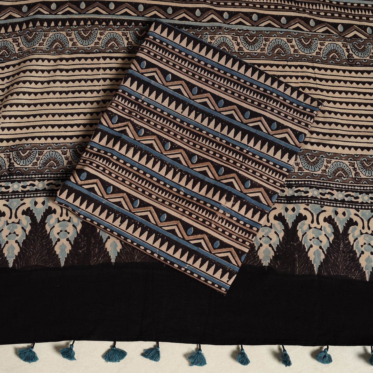 Black 3pc Block Print Natural Dyed Ajrakh Dress Material