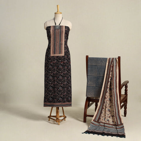 Black 3pc Block Print Natural Dyed Ajrakh Dress Material