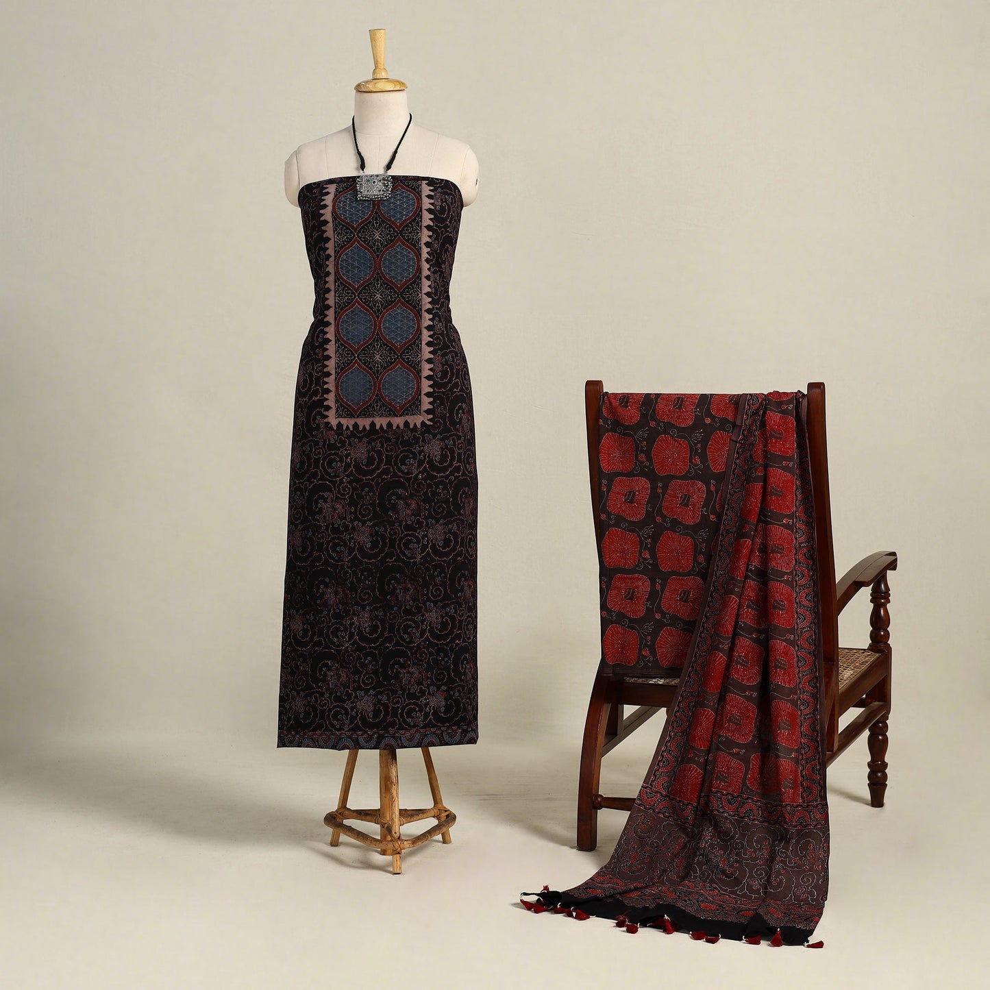 Black 3pc Block Print Natural Dyed Ajrakh Dress Material