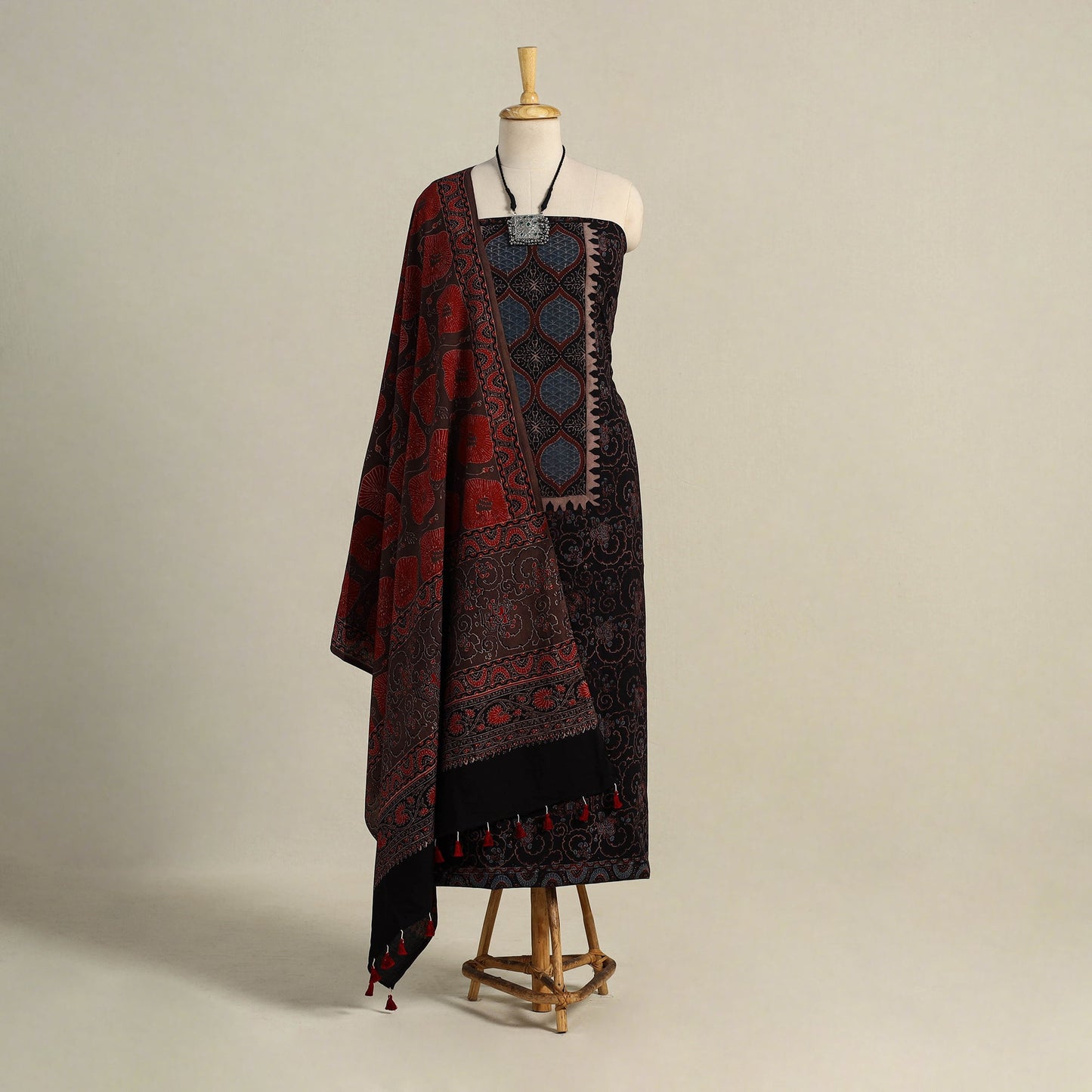 Black 3pc Block Print Natural Dyed Ajrakh Dress Material