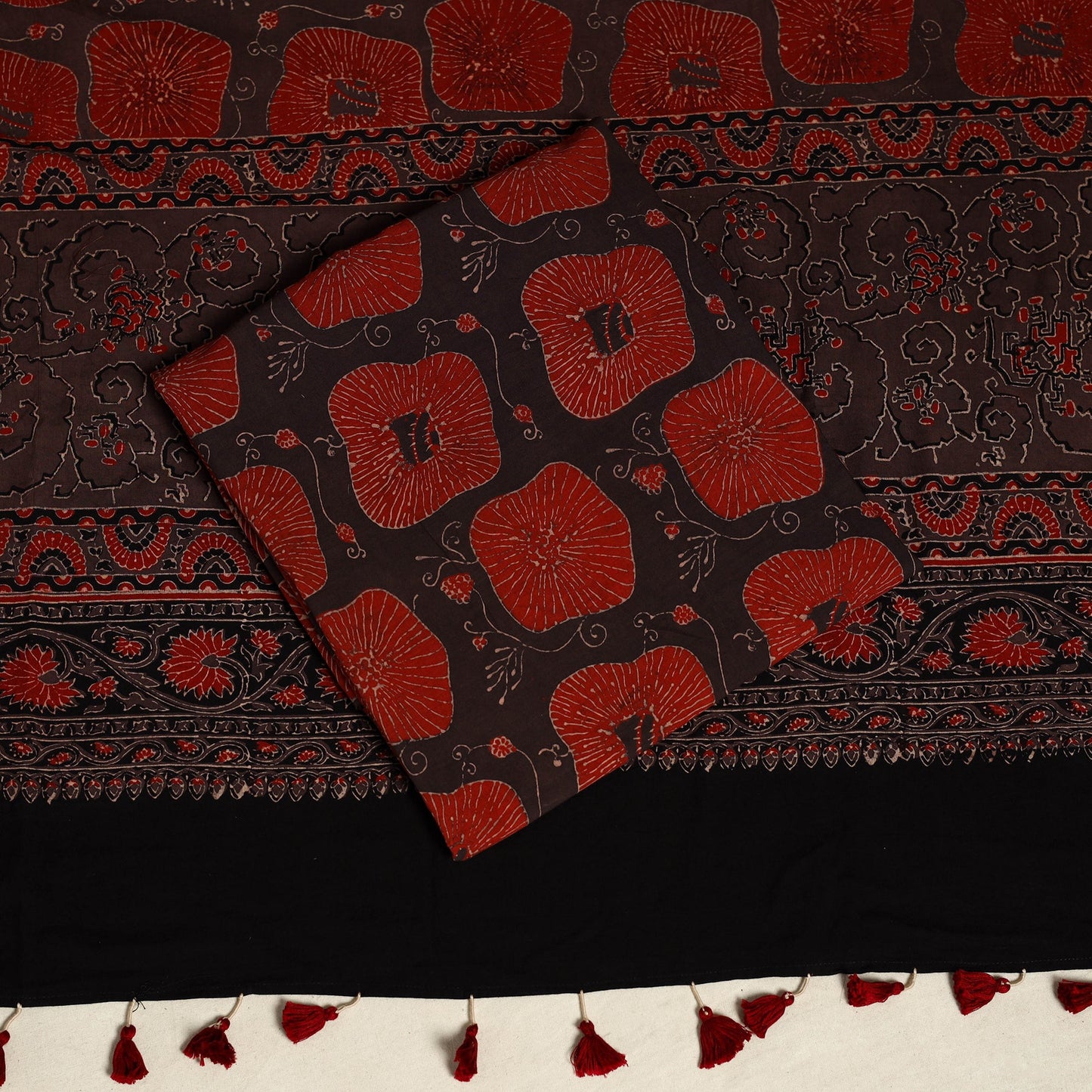 Black 3pc Block Print Natural Dyed Ajrakh Dress Material