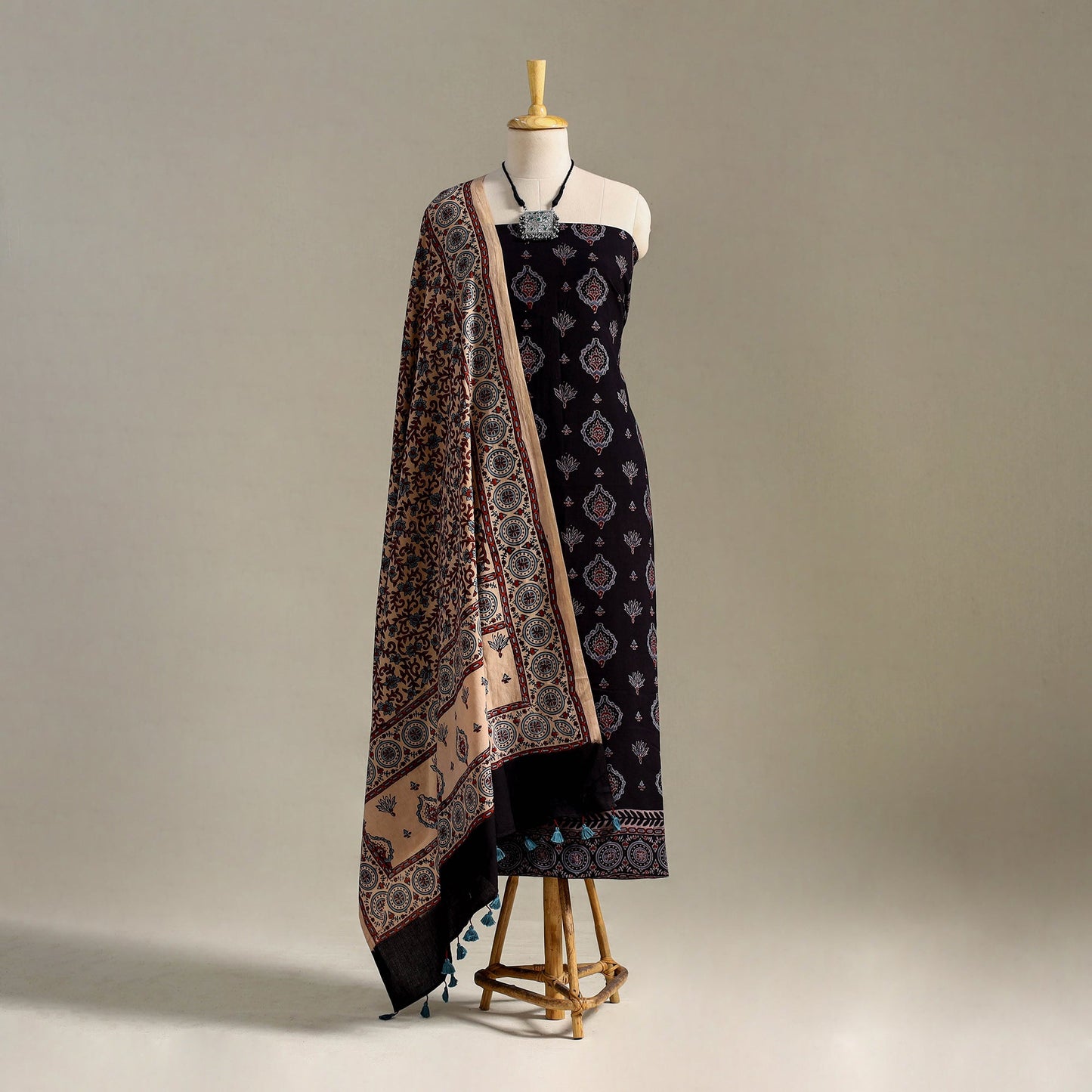Black 3pc Block Print Natural Dyed Ajrakh Dress Material