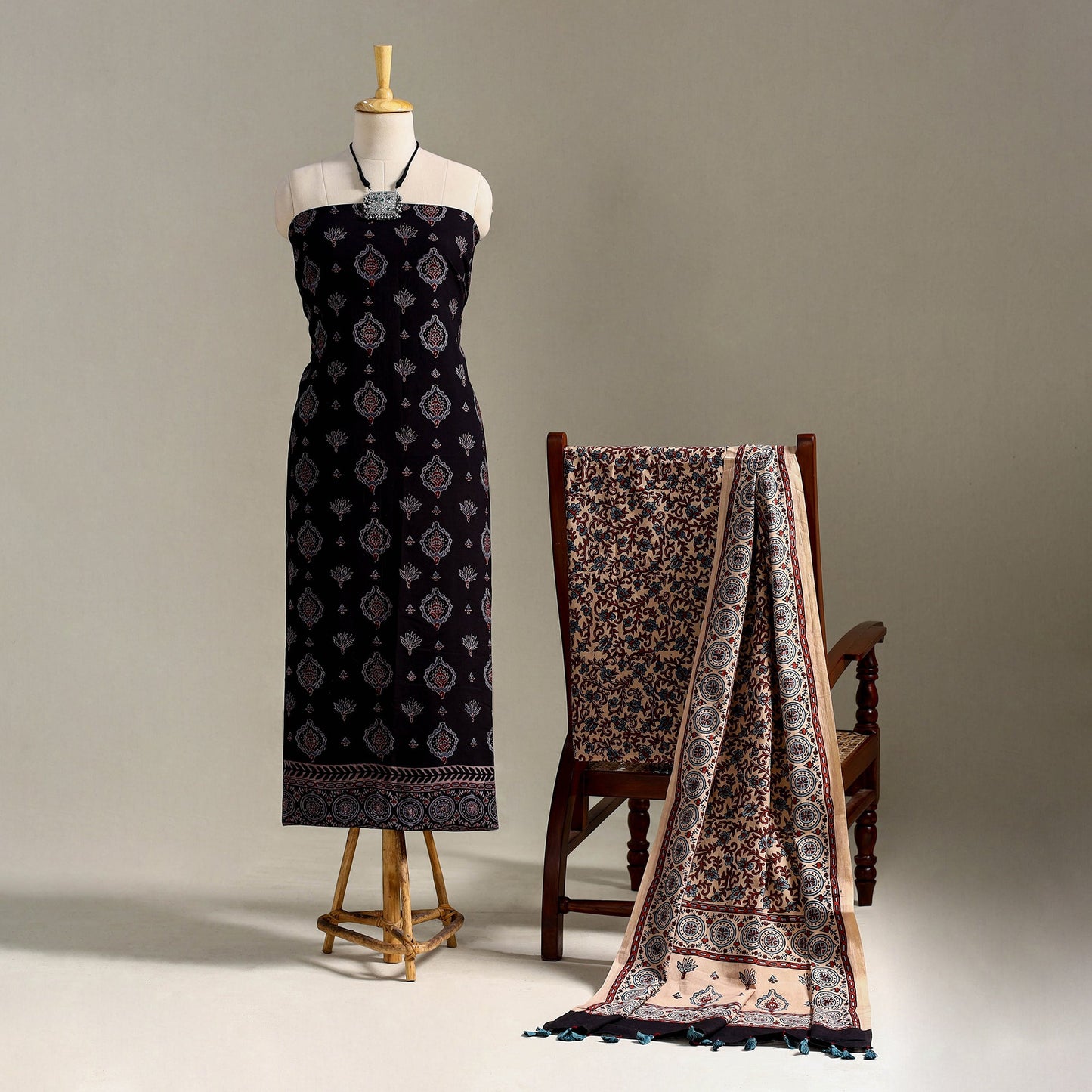 Black 3pc Block Print Natural Dyed Ajrakh Dress Material