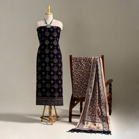 Black 3pc Block Print Natural Dyed Ajrakh Dress Material