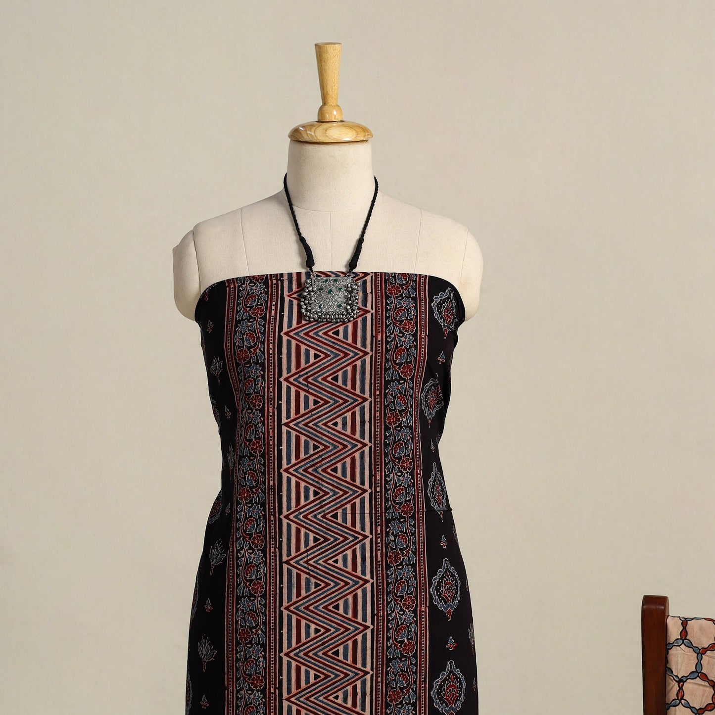 Black 3pc Block Print Natural Dyed Ajrakh Dress Material