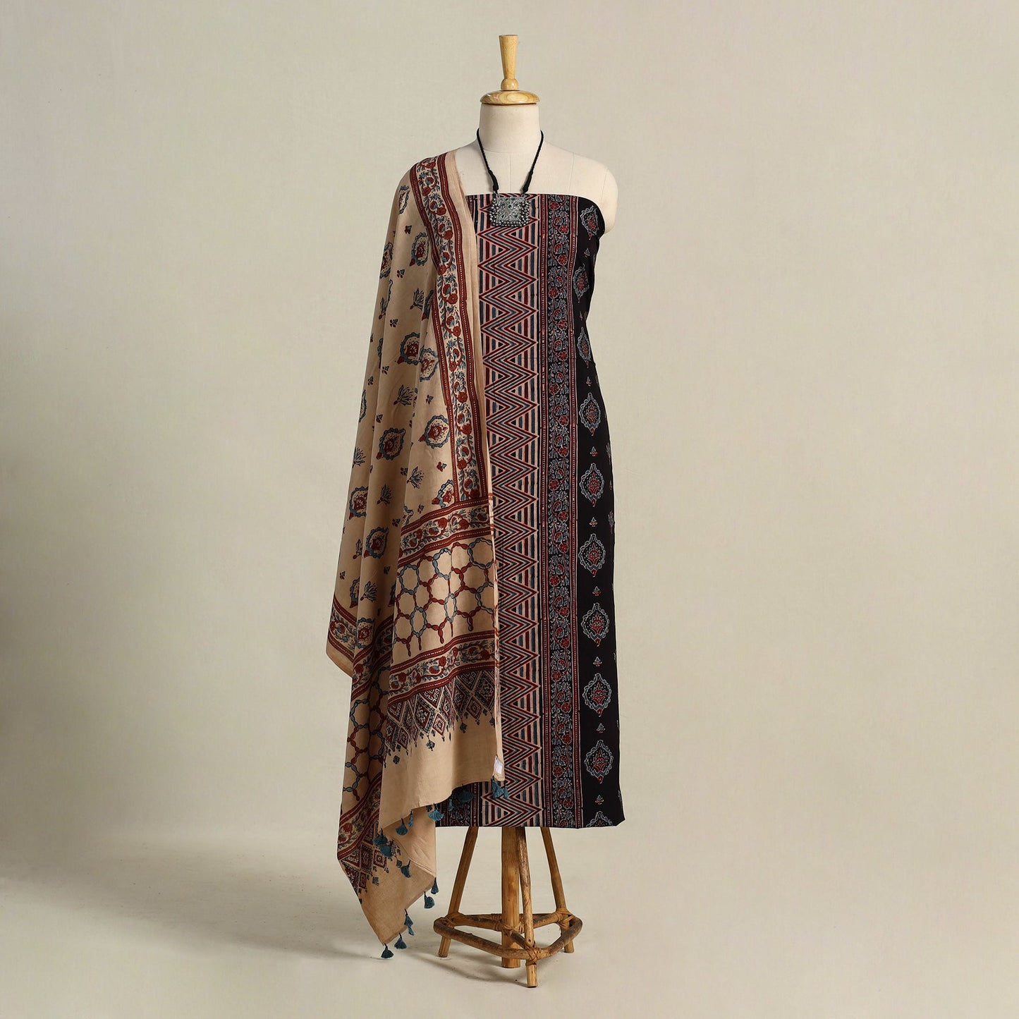 Black 3pc Block Print Natural Dyed Ajrakh Dress Material