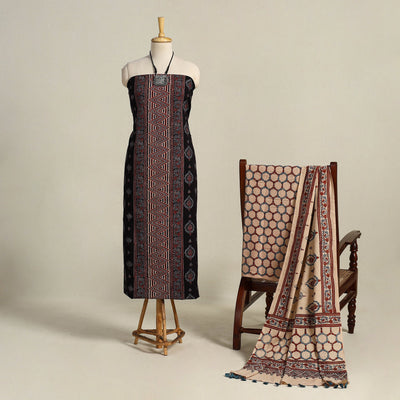 Black 3pc Block Print Natural Dyed Ajrakh Dress Material