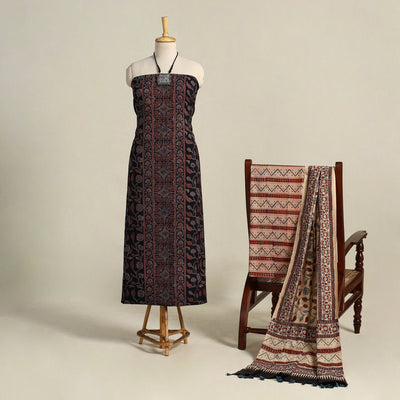 Black 3pc Block Print Natural Dyed Ajrakh Dress Material