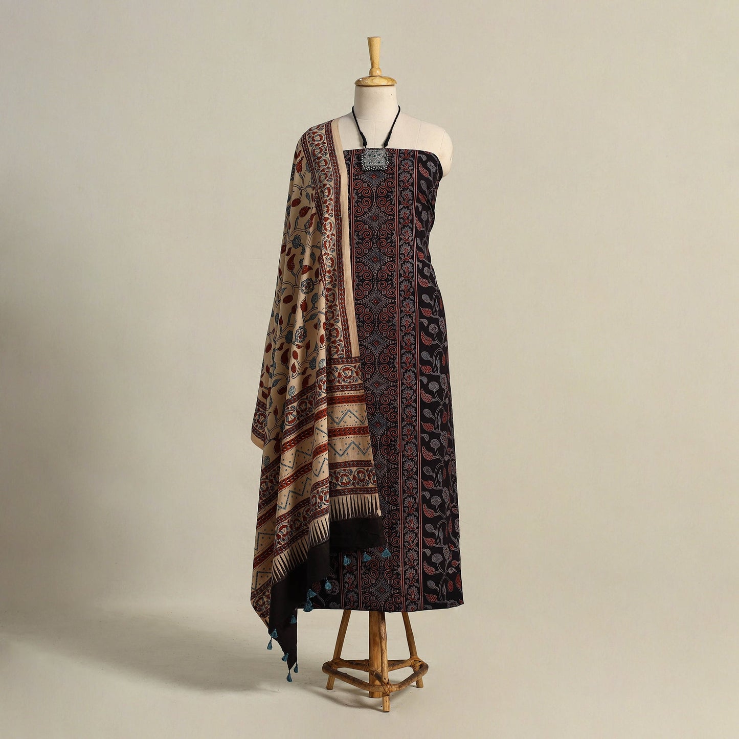 Black 3pc Block Print Natural Dyed Ajrakh Dress Material