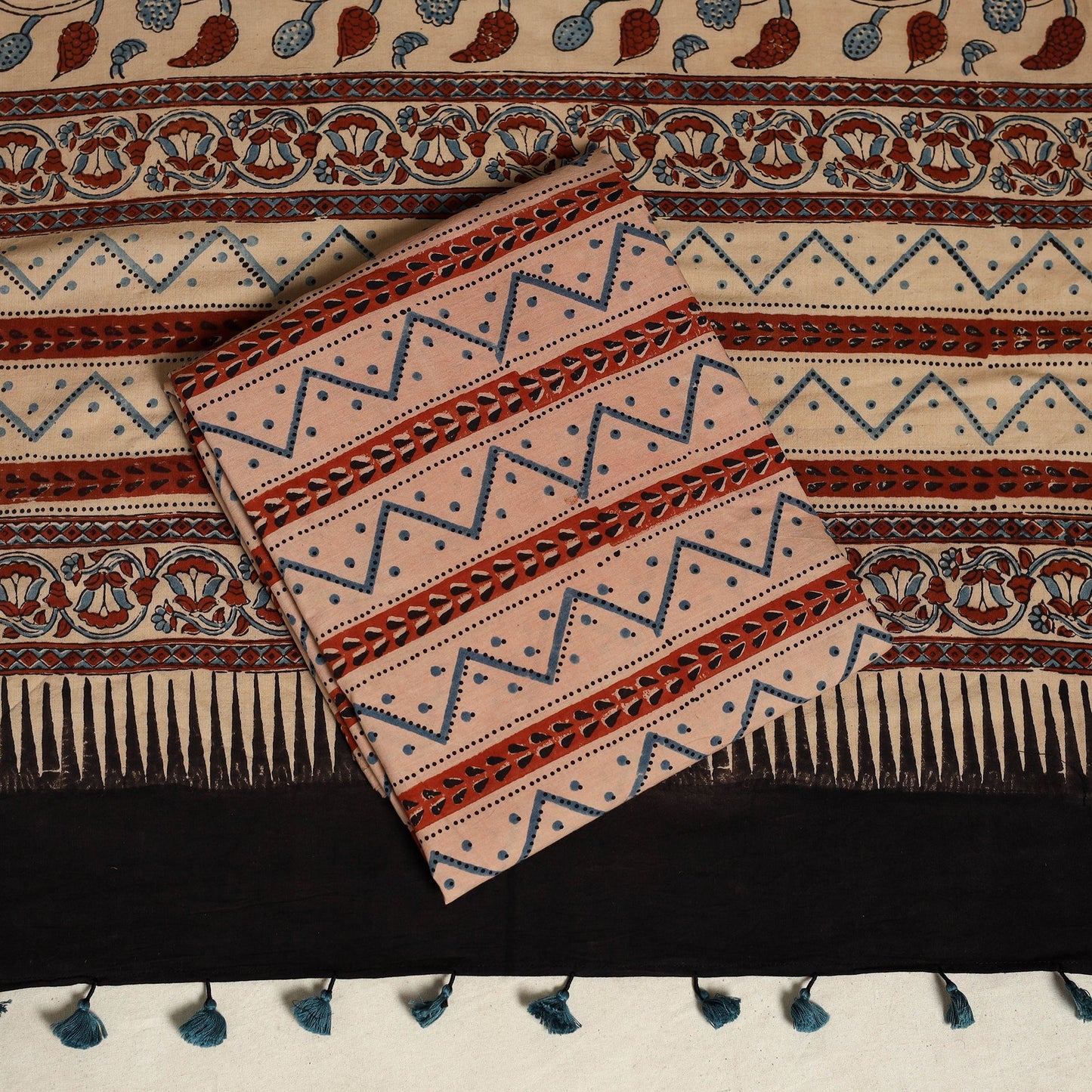 Black 3pc Block Print Natural Dyed Ajrakh Dress Material