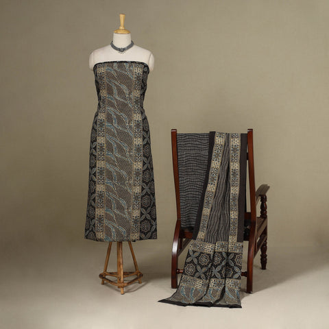 Black - 3pc Block Print Natural Dyed Unstitched Ajrakh Dress Material 