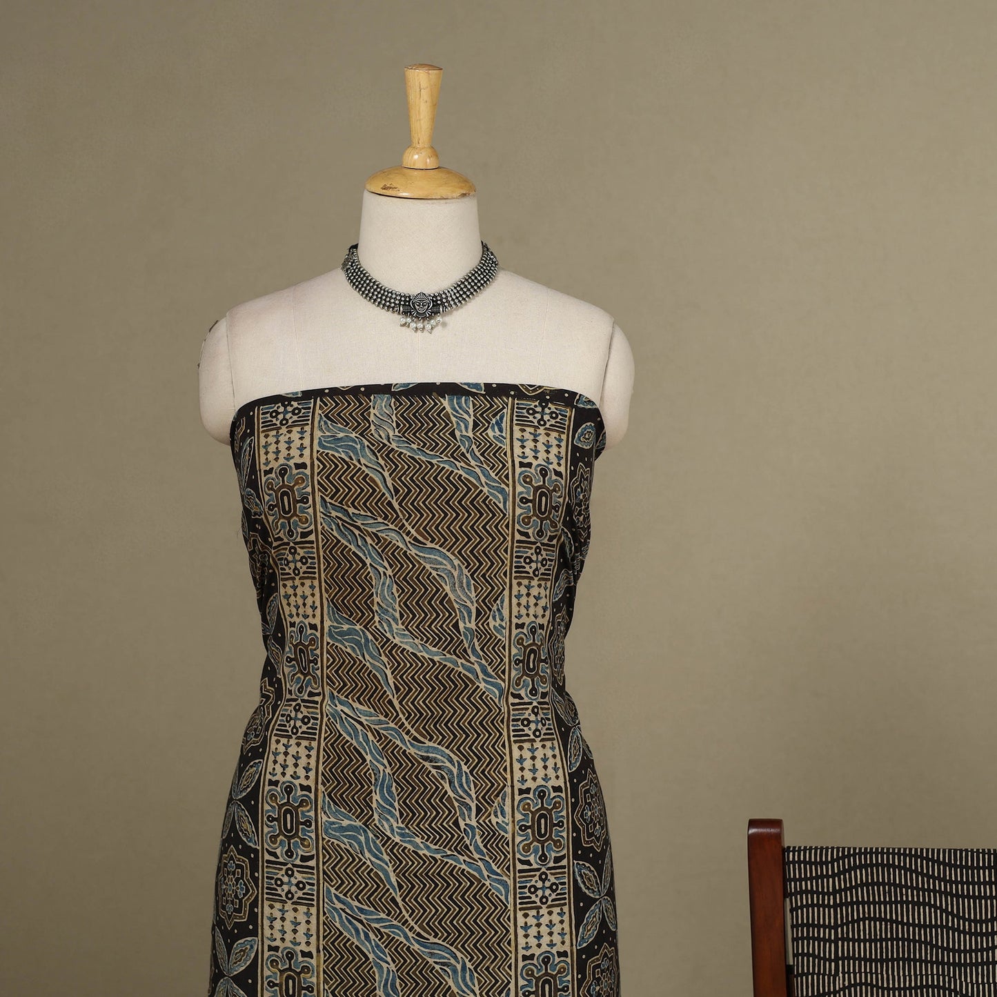 Black - 3pc Block Print Natural Dyed Unstitched Ajrakh Dress Material 