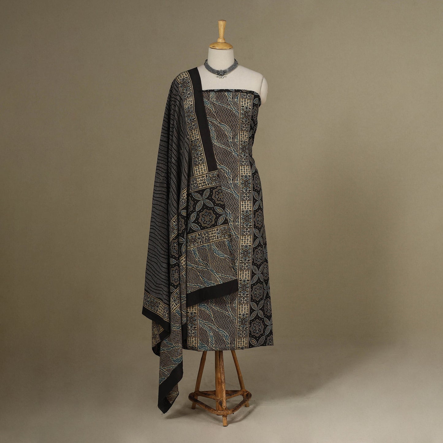Black - 3pc Block Print Natural Dyed Unstitched Ajrakh Dress Material 