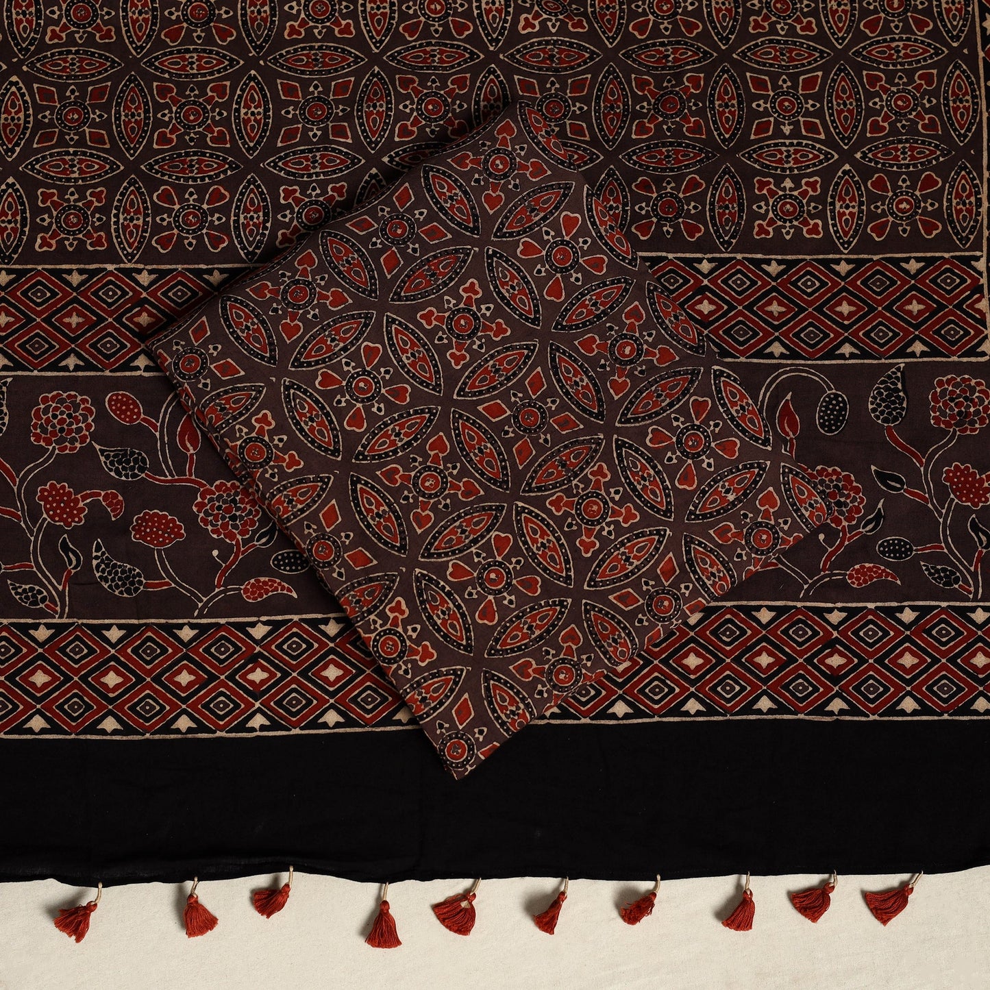 Black 3pc Block Print Natural Dyed Ajrakh Dress Material